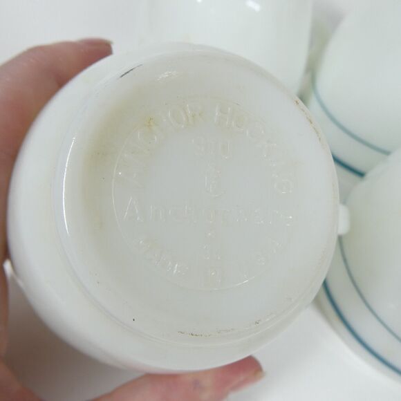 Anchor Hocking Anchorware 4 Teal Blue Stripe Coffee Mugs 910 Cups Vtg Milk Glass - Picture 11 of 14